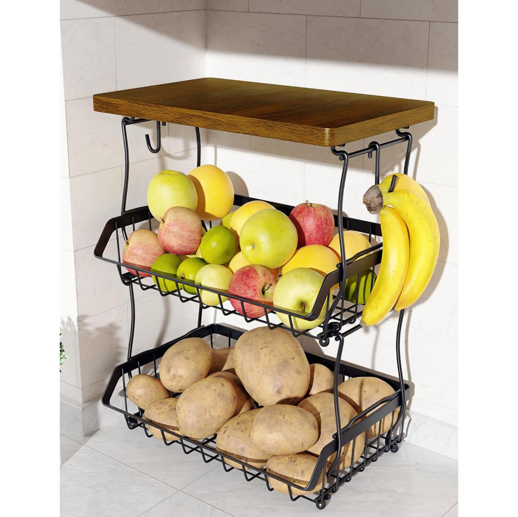 3-Tier Fruit Basket with Wood Top - Industrial Metal Kitchen Organizer