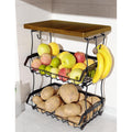 3-Tier Fruit Basket with Wood Top - Industrial Metal Kitchen Organizer