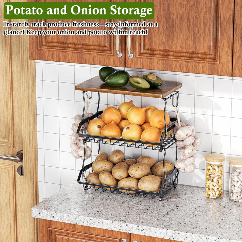 3-Tier Fruit Basket with Wood Top - Industrial Metal Kitchen Organizer