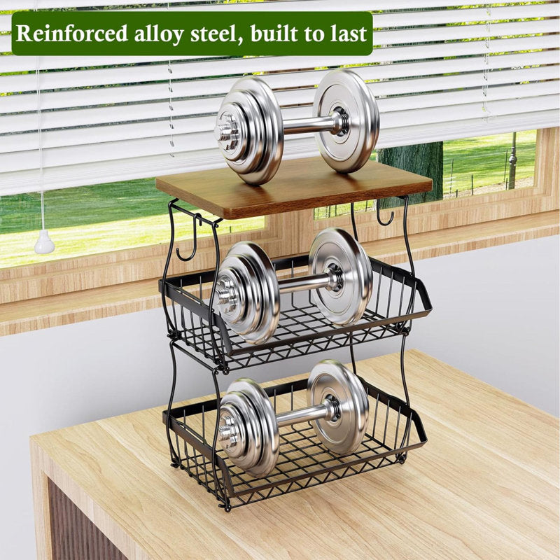 3-Tier Fruit Basket with Wood Top - Industrial Metal Kitchen Organizer