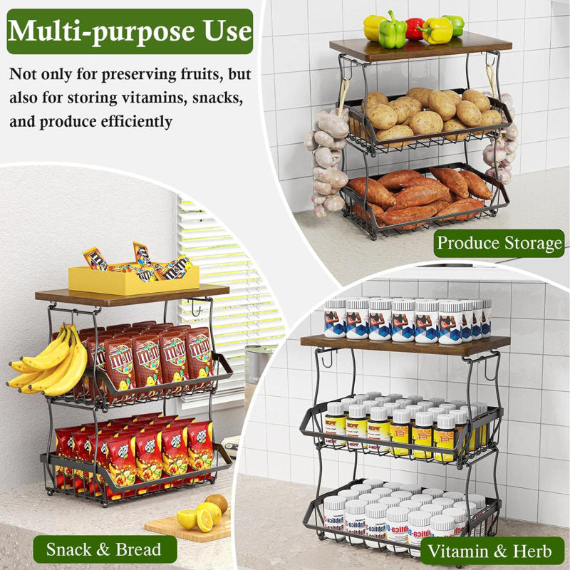3-Tier Fruit Basket with Wood Top - Industrial Metal Kitchen Organizer