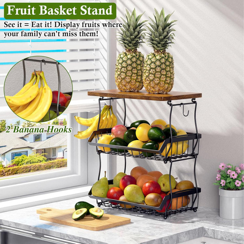 3-Tier Fruit Basket with Wood Top - Industrial Metal Kitchen Organizer