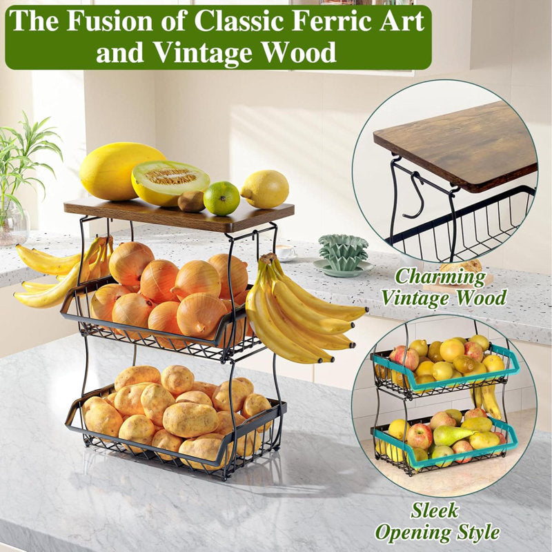 3-Tier Fruit Basket with Wood Top - Industrial Metal Kitchen Organizer