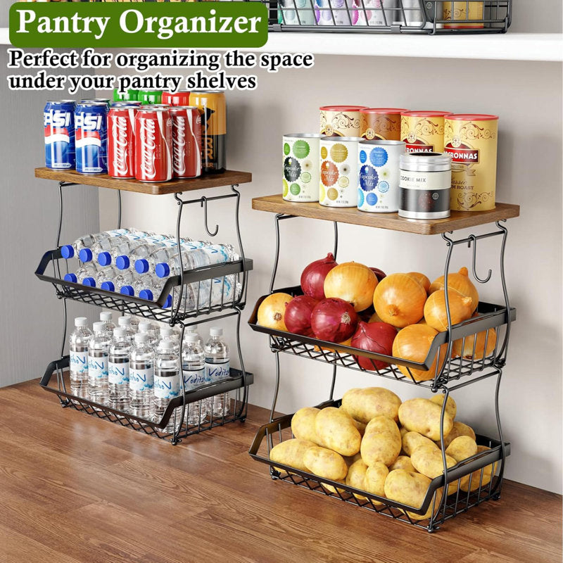 3-Tier Fruit Basket with Wood Top - Industrial Metal Kitchen Organizer