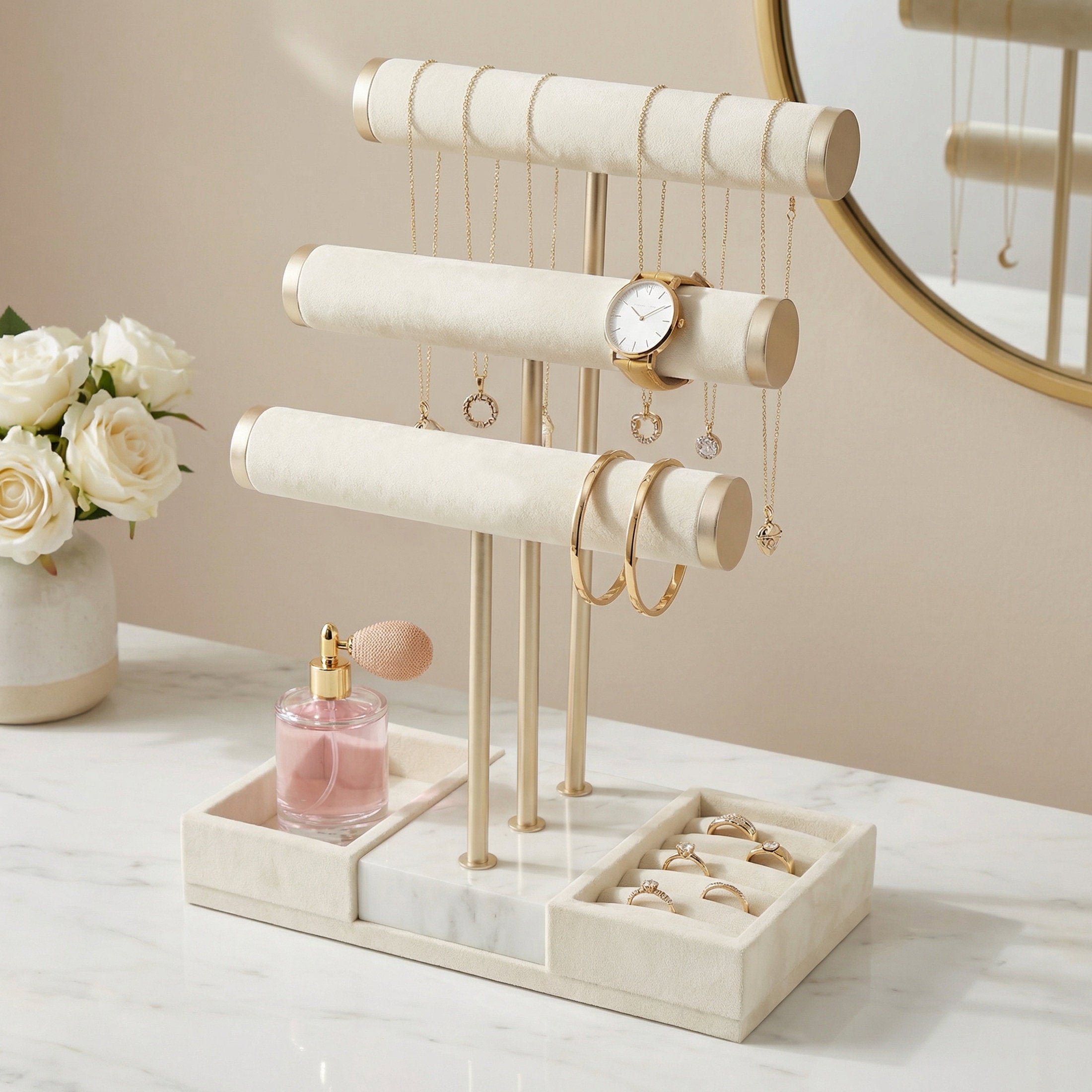 3 Tier Metal Jewelry Stand with Marble Base - Necklace & Ring Organizer
