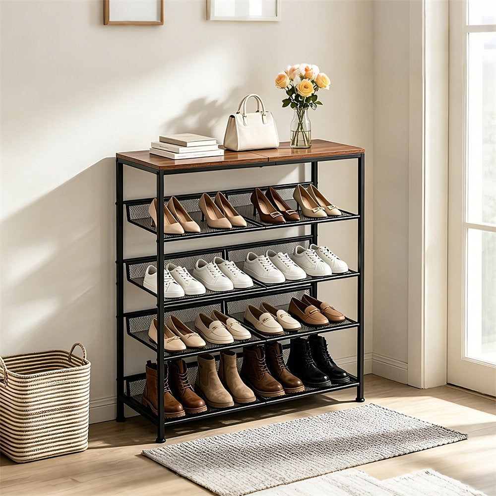 5-Tier Shoe Rack Industrial Metal Mesh Entryway Organizer