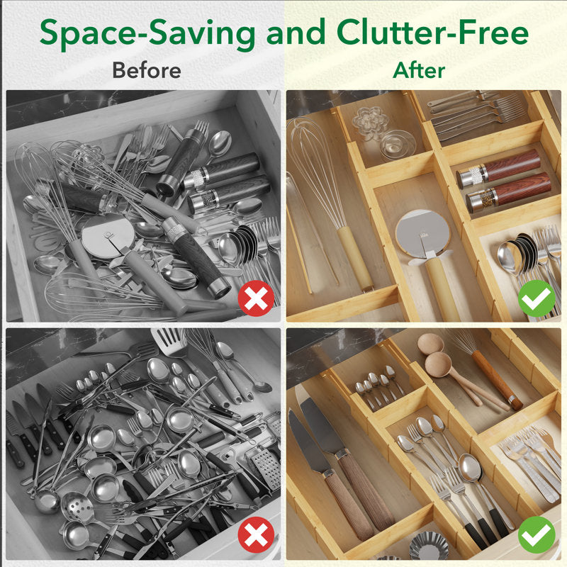 Bamboo Drawer Dividers with Inserts - Adjustable Kitchen Organizers