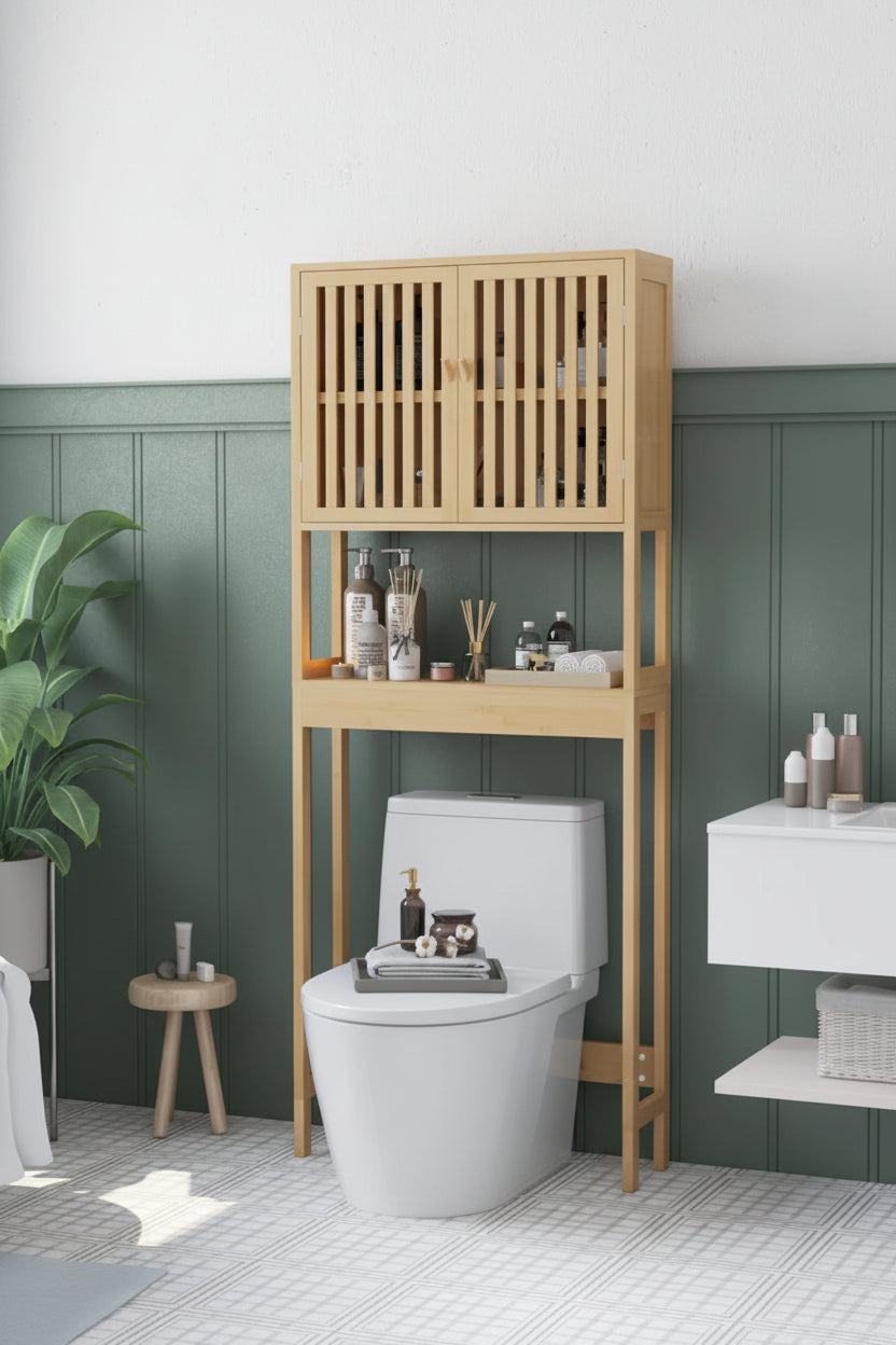 Bamboo Over Toilet Bathroom Organizer with Slatted Storage Cabinet