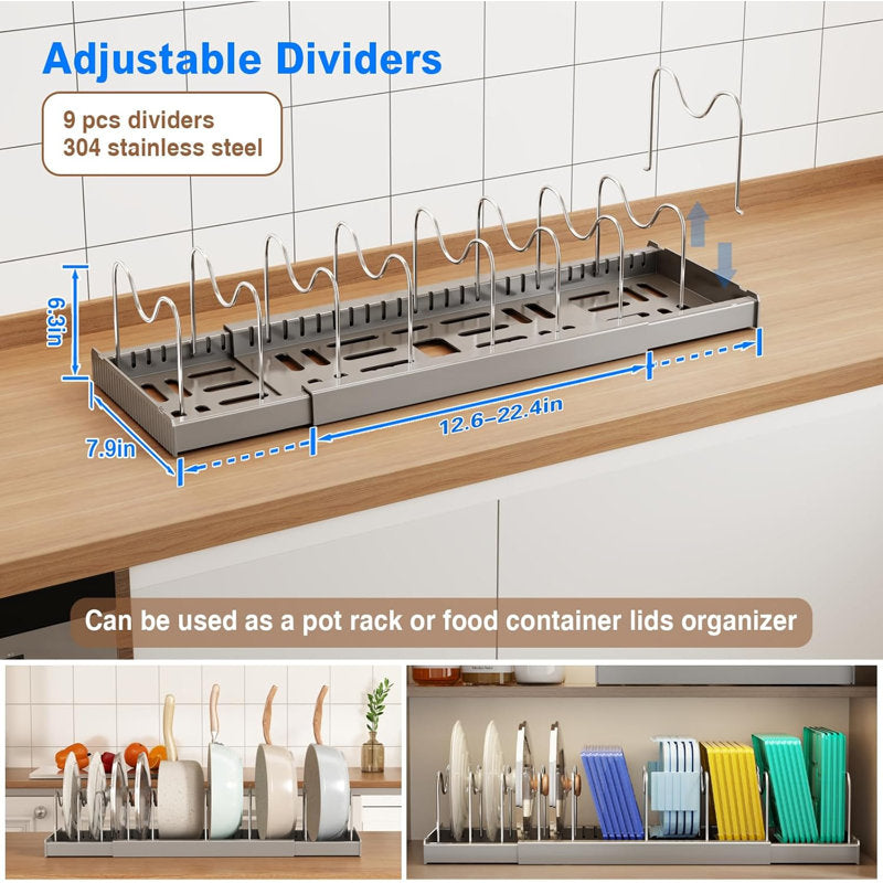 Expandable Pot Lid Organizer - Stainless Steel Kitchen Cabinet Storage
