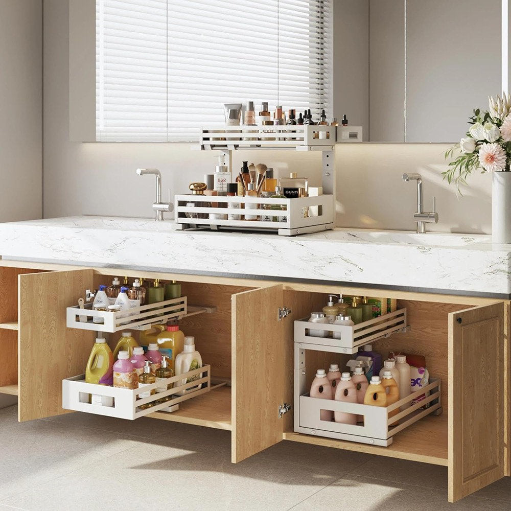 2-Tier L-Shaped Metal Under Sink Organizer for Kitchen & Bathroom