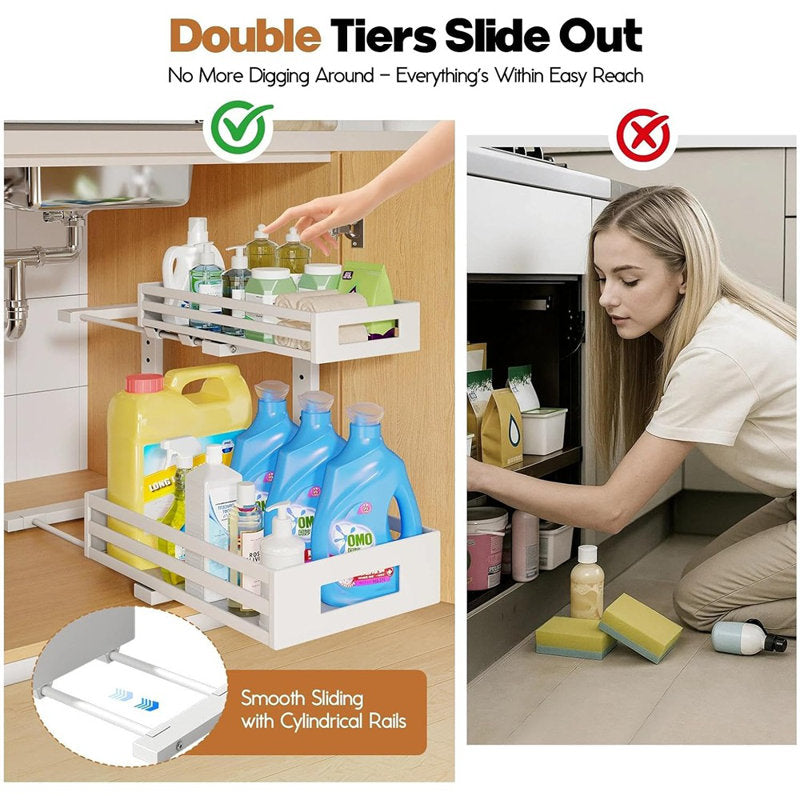 2-Tier L-Shaped Metal Under Sink Organizer for Kitchen & Bathroom