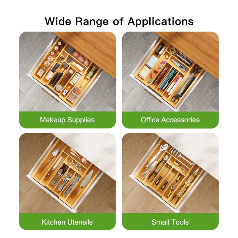 Expandable Bamboo Silverware Organizer - Adjustable 8-Slot Kitchen Tray