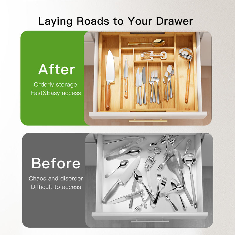 Expandable Bamboo Silverware Organizer - Adjustable 8-Slot Kitchen Tray