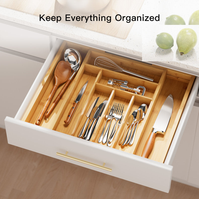 Expandable Bamboo Silverware Organizer - Adjustable 8-Slot Kitchen Tray
