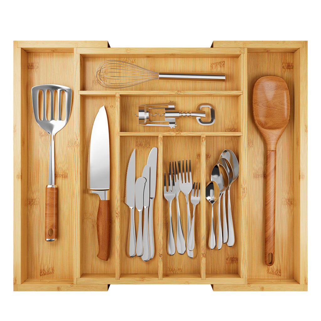 Expandable Bamboo Silverware Organizer - Adjustable 8-Slot Kitchen Tray
