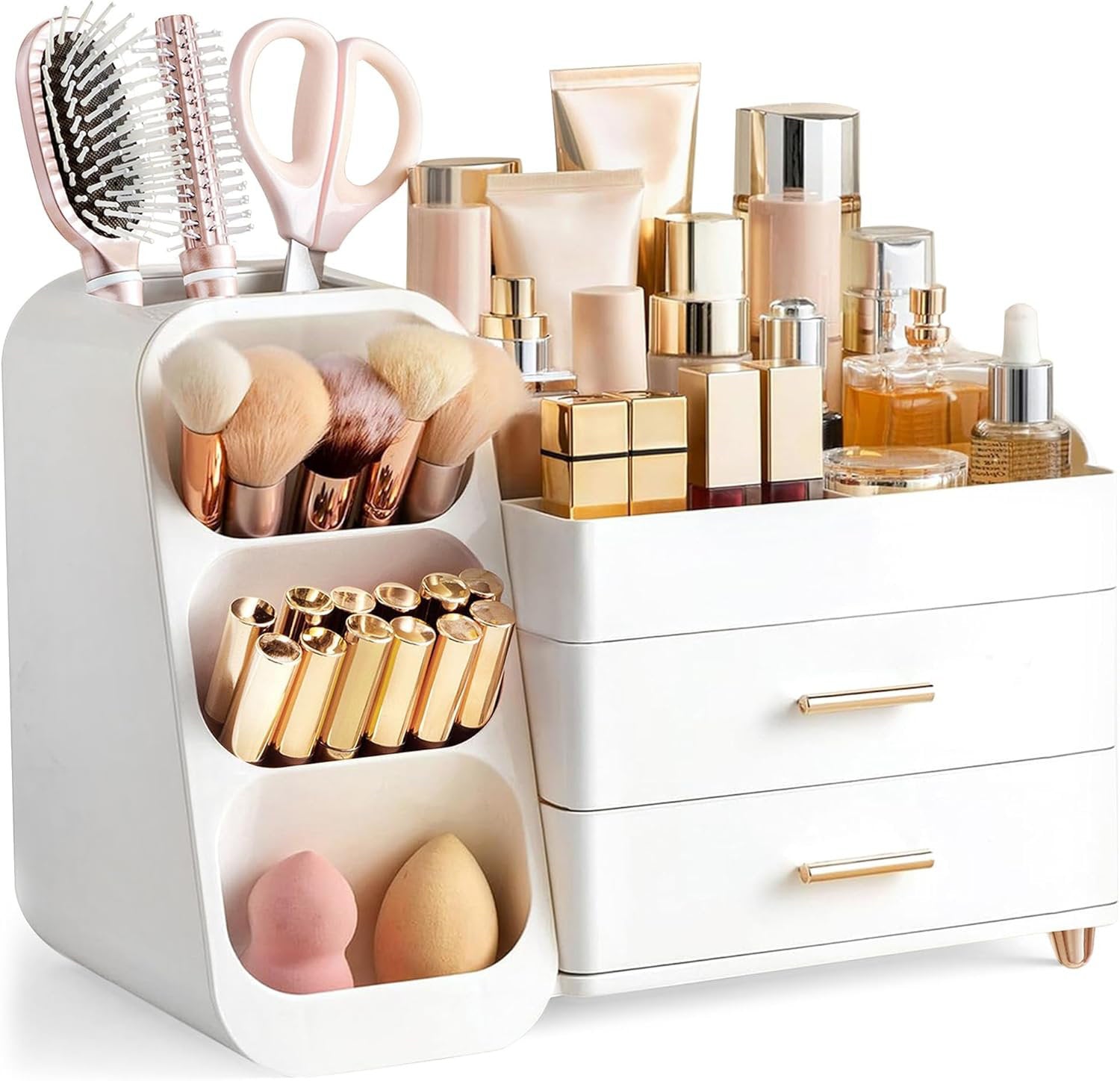 Large Makeup Organizer with Brush Holder - White Plastic Vanity Storage