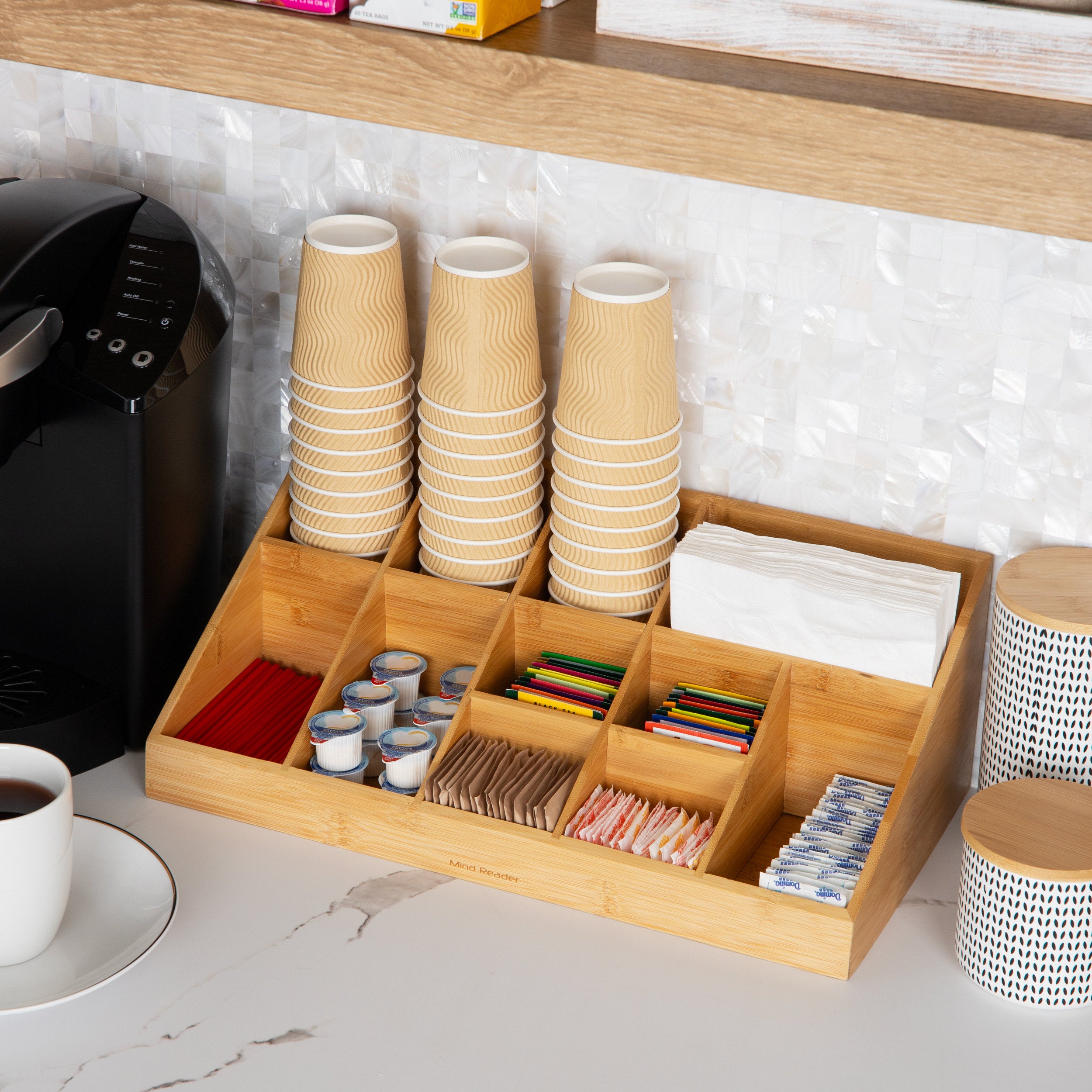 Bamboo Coffee Station & Condiment Organizer for Office Breakrooms