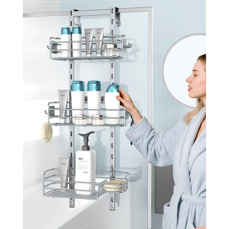 Over The Door Shower Caddy - Silver 3-Tier Hanging Bathroom Organizer
