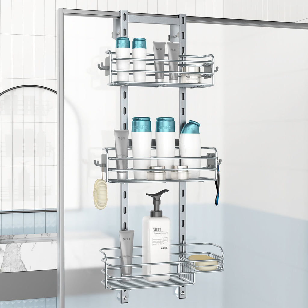 Over The Door Shower Caddy - Silver 3-Tier Hanging Bathroom Organizer