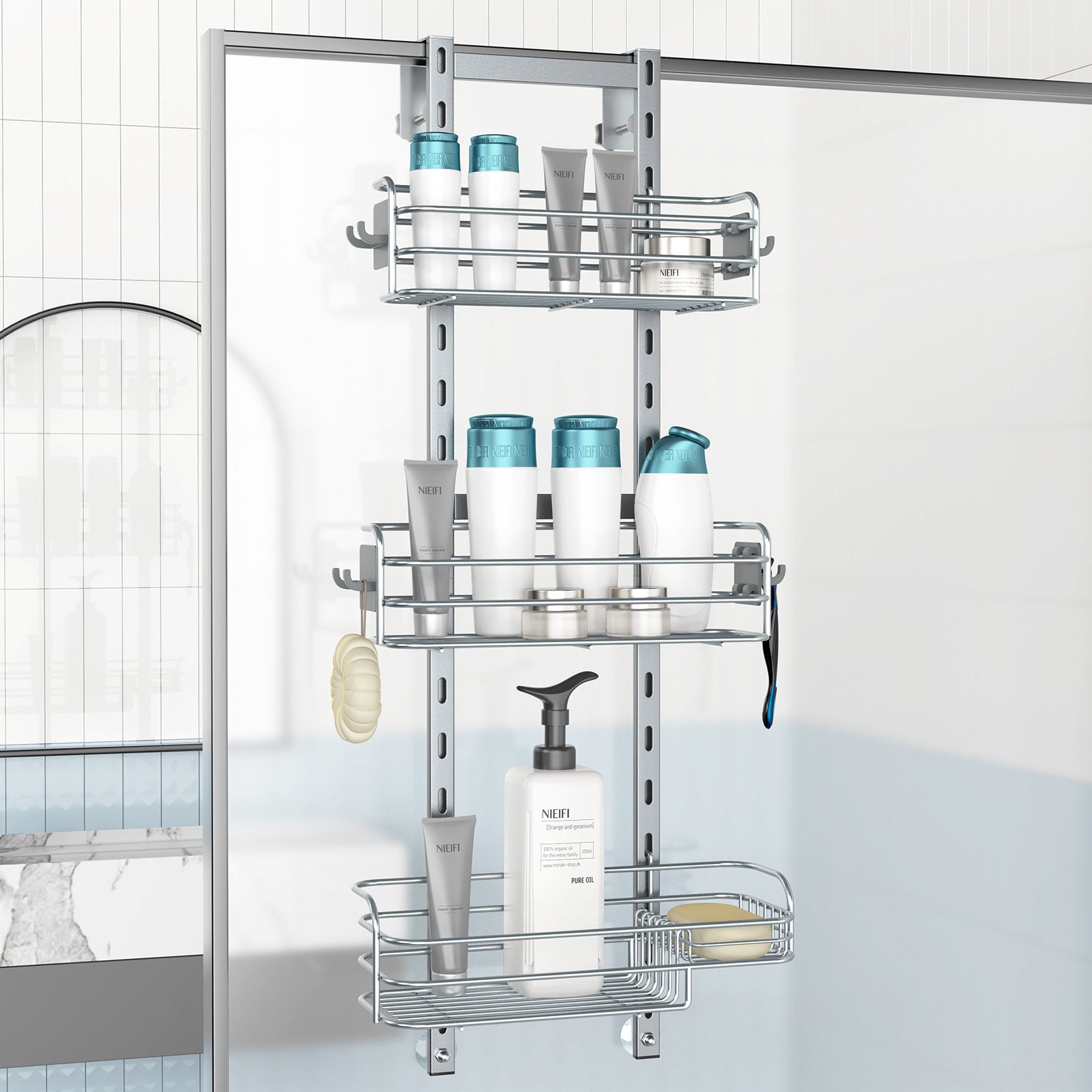 Over The Door Shower Caddy - Silver 3-Tier Hanging Bathroom Organizer