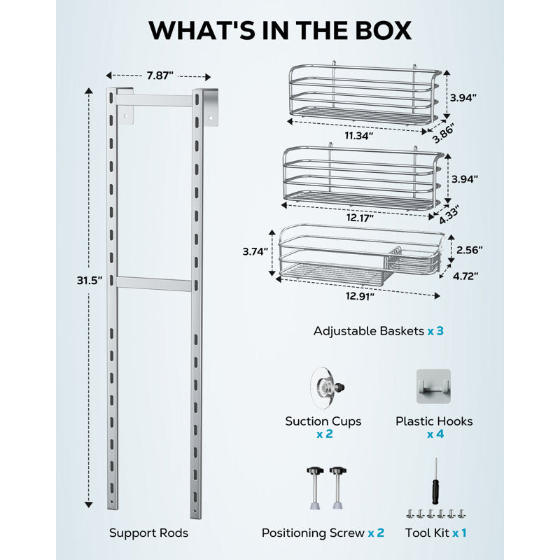 Over The Door Shower Caddy - Silver 3-Tier Hanging Bathroom Organizer