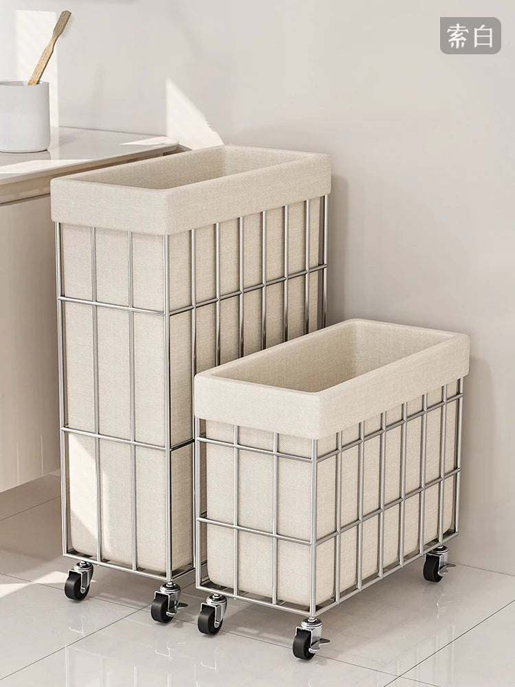 Japanese Style Iron Mobile Laundry Hamper with Wheels & Fabric Liner
