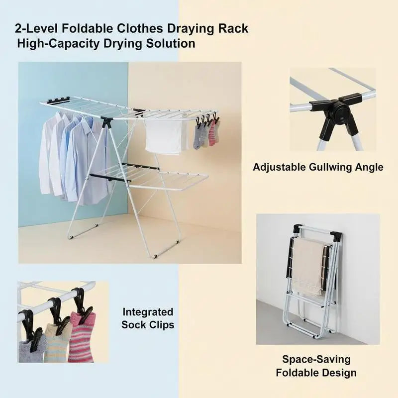 2-Tier Foldable Steel Clothes Drying Rack with Adjustable Gullwing