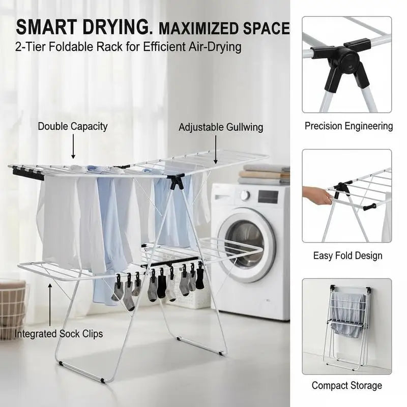 2-Tier Foldable Steel Clothes Drying Rack with Adjustable Gullwing