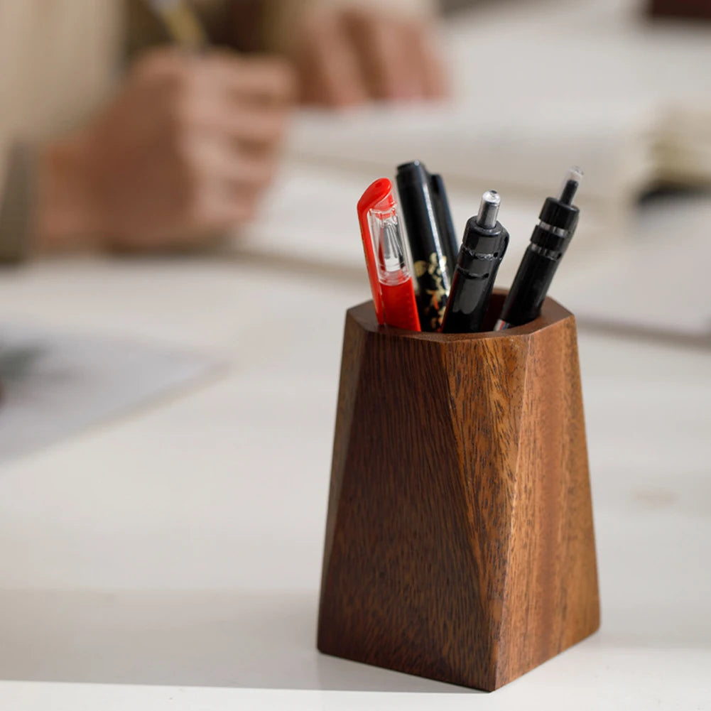 Walnut Wood Pen Holder - Minimalist Desktop Organizer for Office