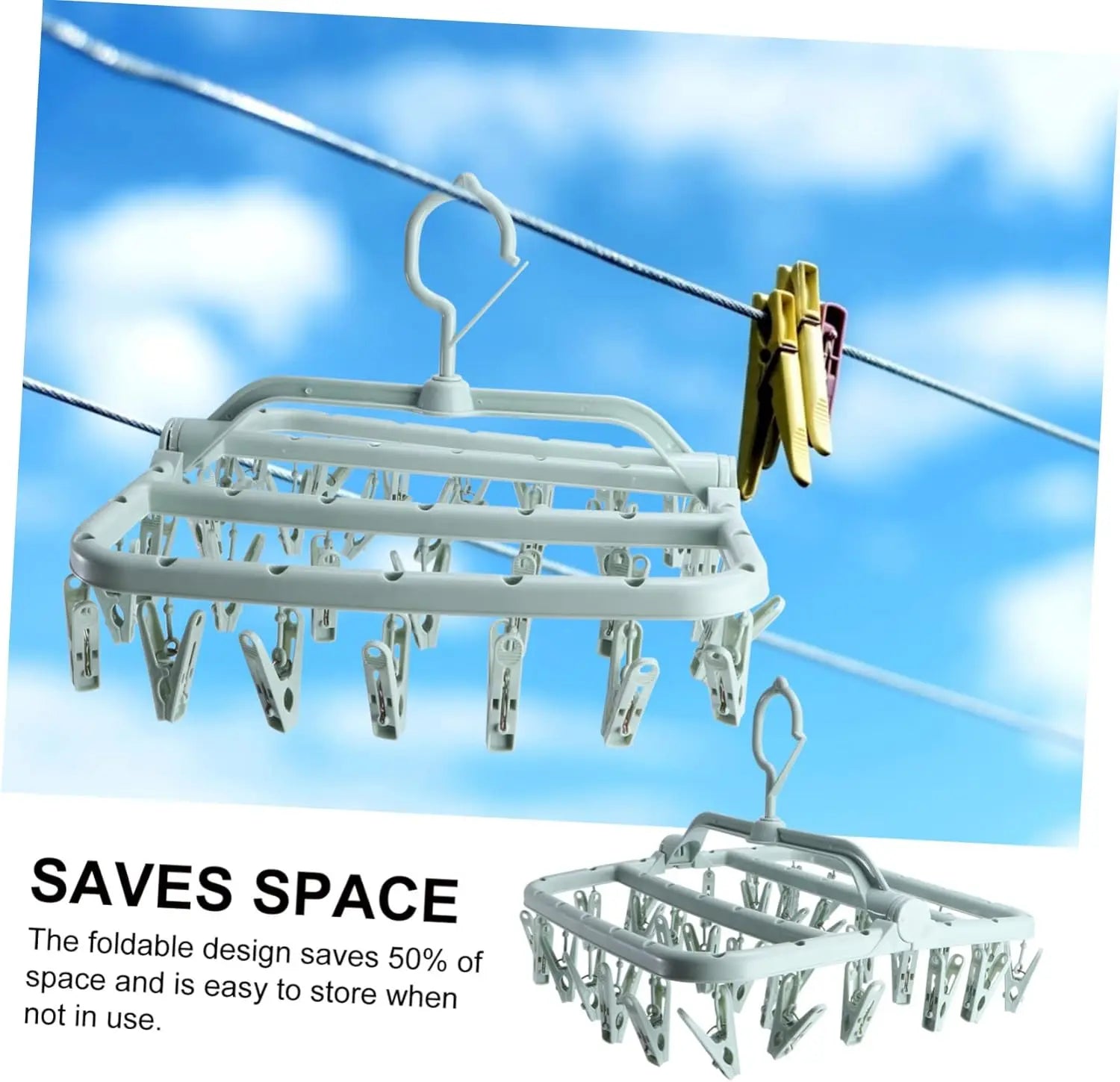Foldable Plastic Drying Rack with 32 Clips for Socks & Underwear