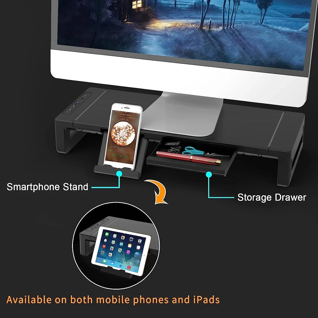 Foldable Monitor Stand Riser with Storage Drawer & Phone Holder