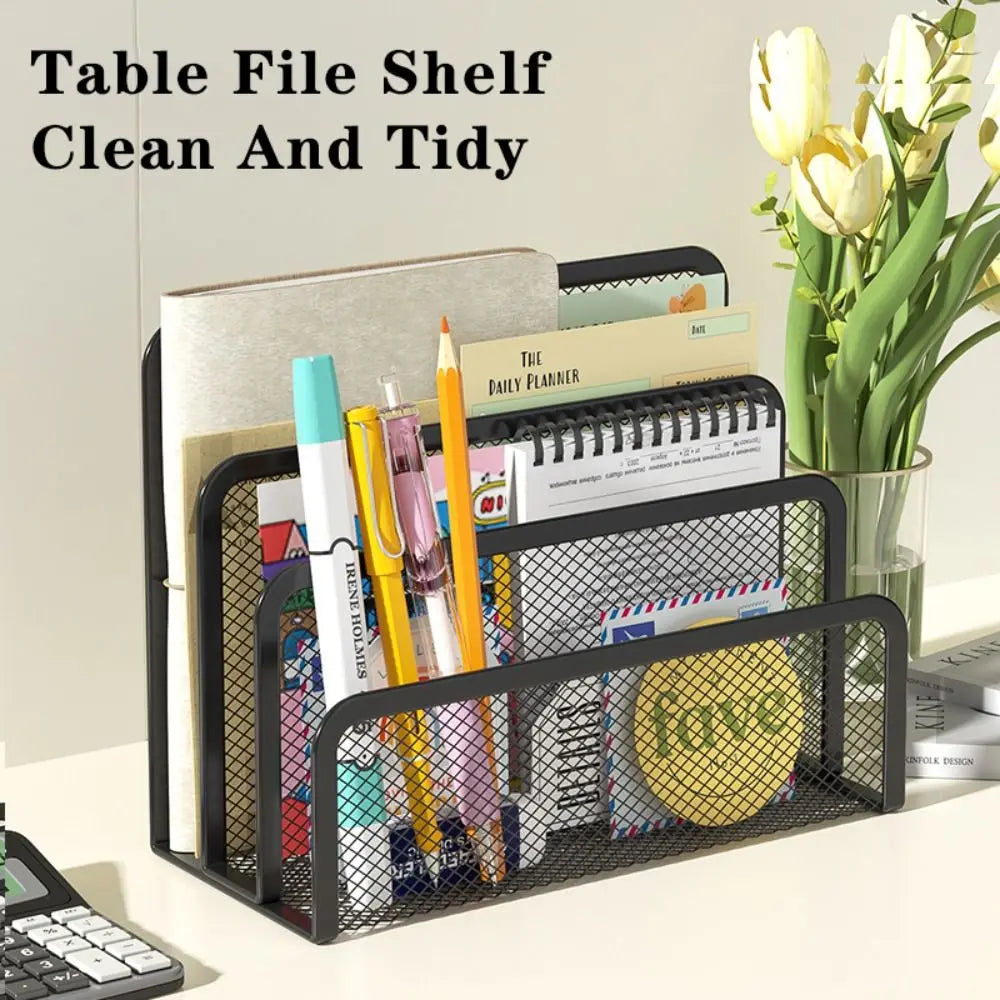 3-Tier Metal Mesh Desktop File Organizer - Office Magazine Rack