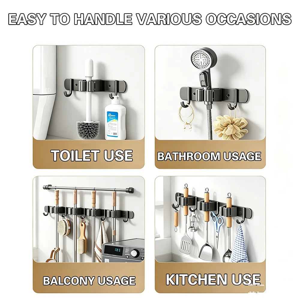 Stainless Steel Wall Mounted Mop & Broom Holder - No-Drill Storage