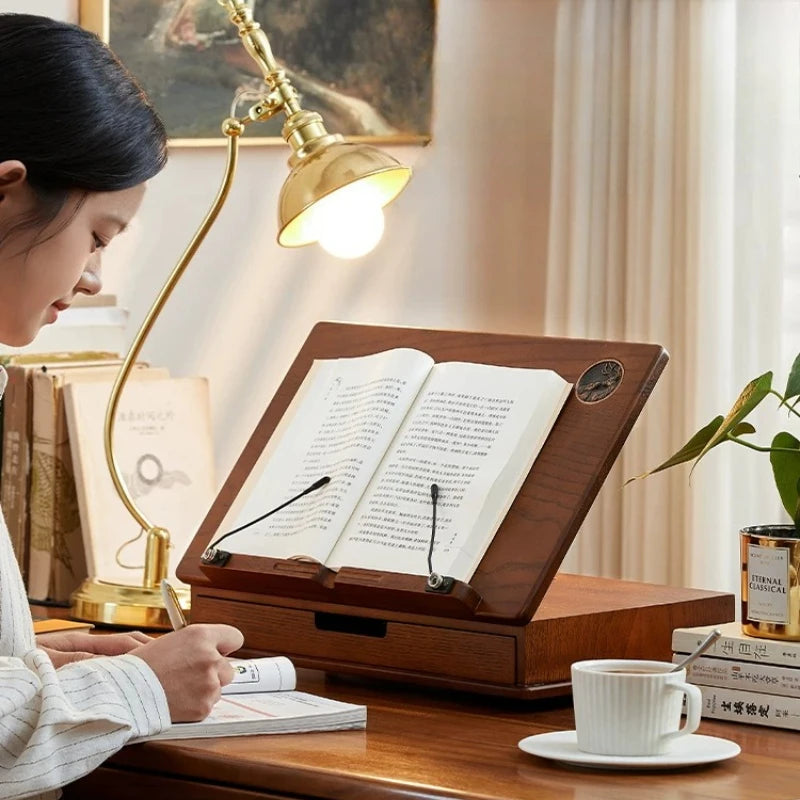 Solid Wood Book Stand with Storage Drawer for Reading & Laptops