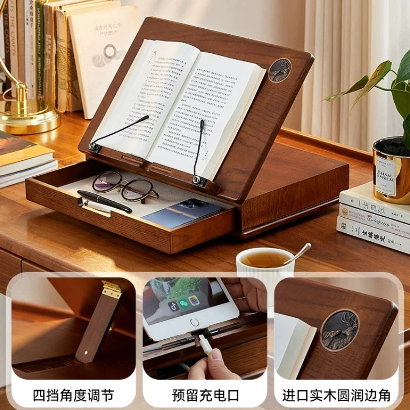 Solid Wood Book Stand with Storage Drawer for Reading & Laptops