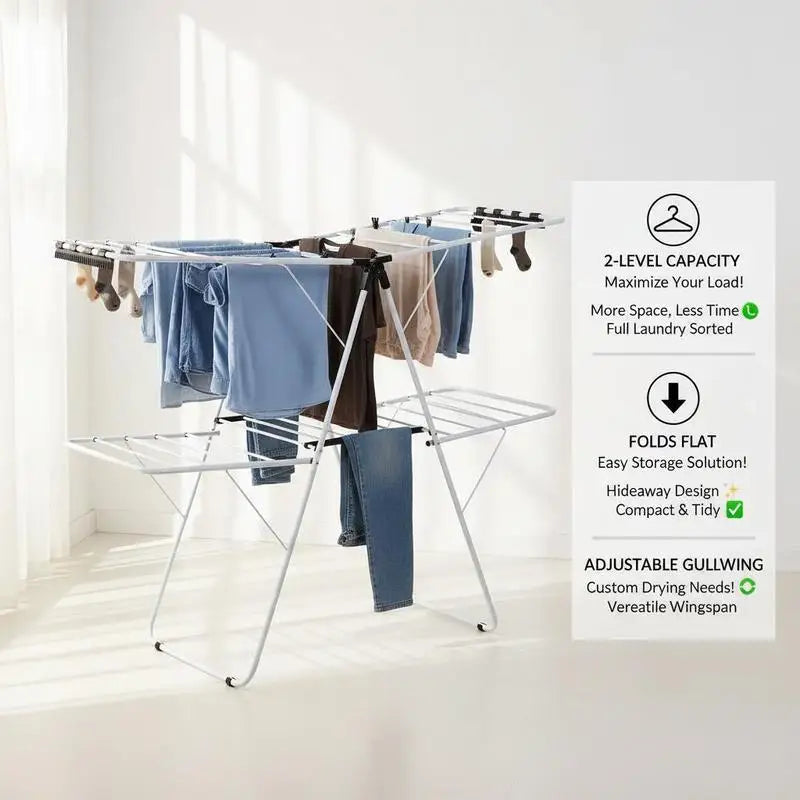 2-Tier Foldable Steel Clothes Drying Rack with Adjustable Gullwing