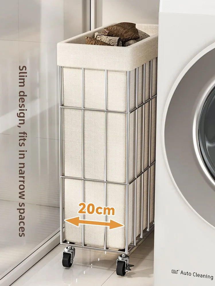 Japanese Style Iron Mobile Laundry Hamper with Wheels & Fabric Liner