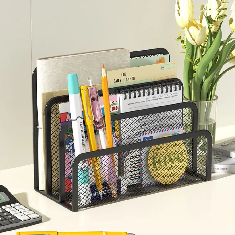 3-Tier Metal Mesh Desktop File Organizer - Office Magazine Rack