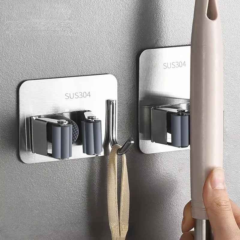 Adhesive Mop & Broom Holder - Stainless Steel Wall Mount Organizer