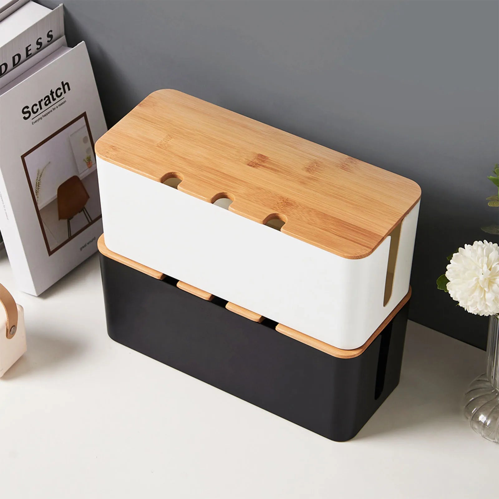 Cable Management Box - Wooden Style Cord Organizer for Desk & TV