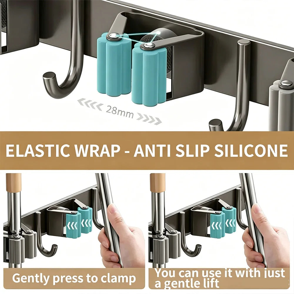 Stainless Steel Wall Mounted Mop & Broom Holder - No-Drill Storage