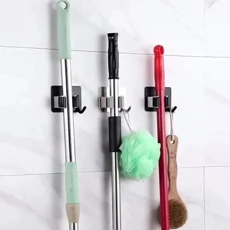 Adhesive Mop & Broom Holder - Stainless Steel Wall Mount Organizer