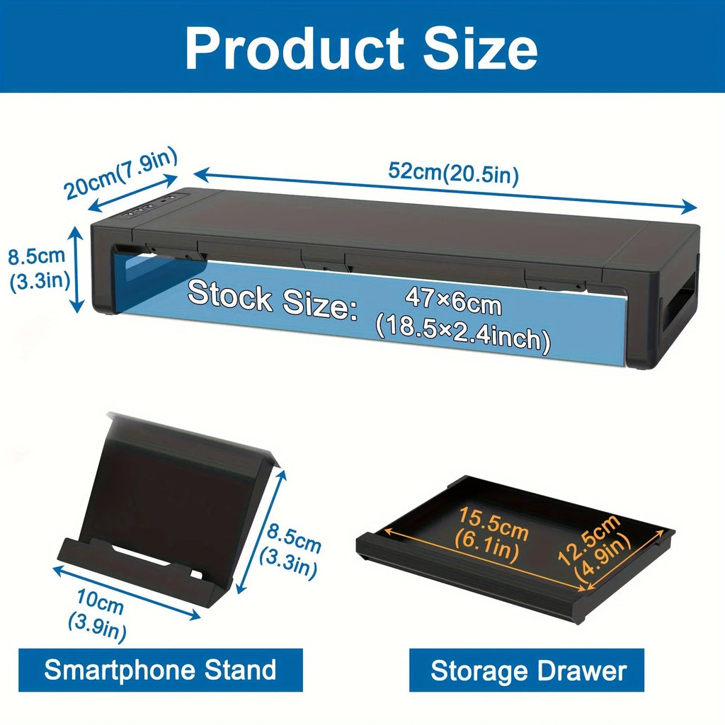 Foldable Monitor Stand Riser with Storage Drawer & Phone Holder