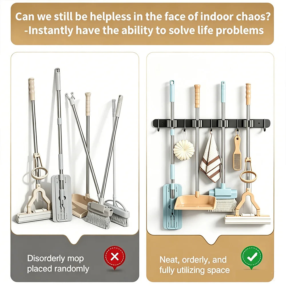 Stainless Steel Wall Mounted Mop & Broom Holder - No-Drill Storage
