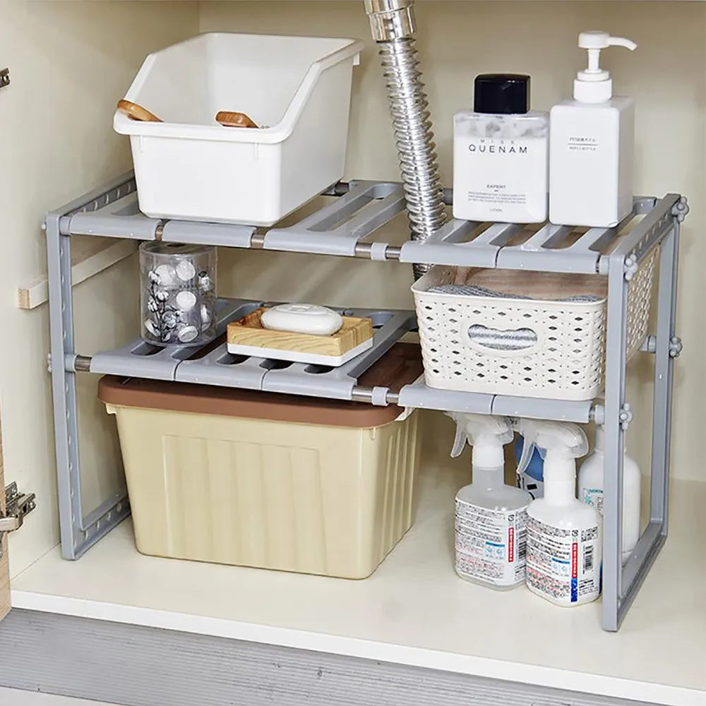 2-Tier Expandable Under Sink Organizer Stainless Steel Storage Shelf
