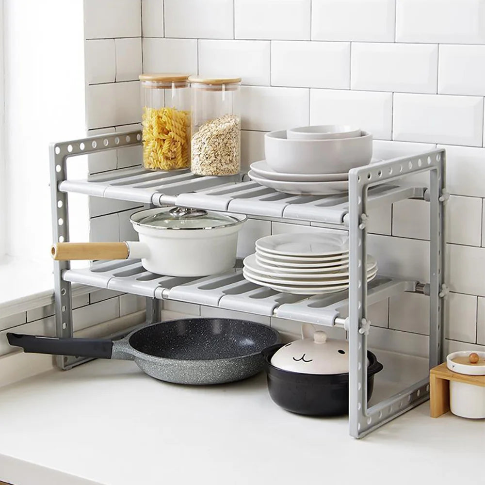 2-Tier Expandable Under Sink Organizer Stainless Steel Storage Shelf