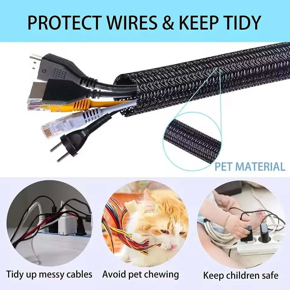 Braided Expandable Cable Sleeve - PET Wire Protector for Desk & PC