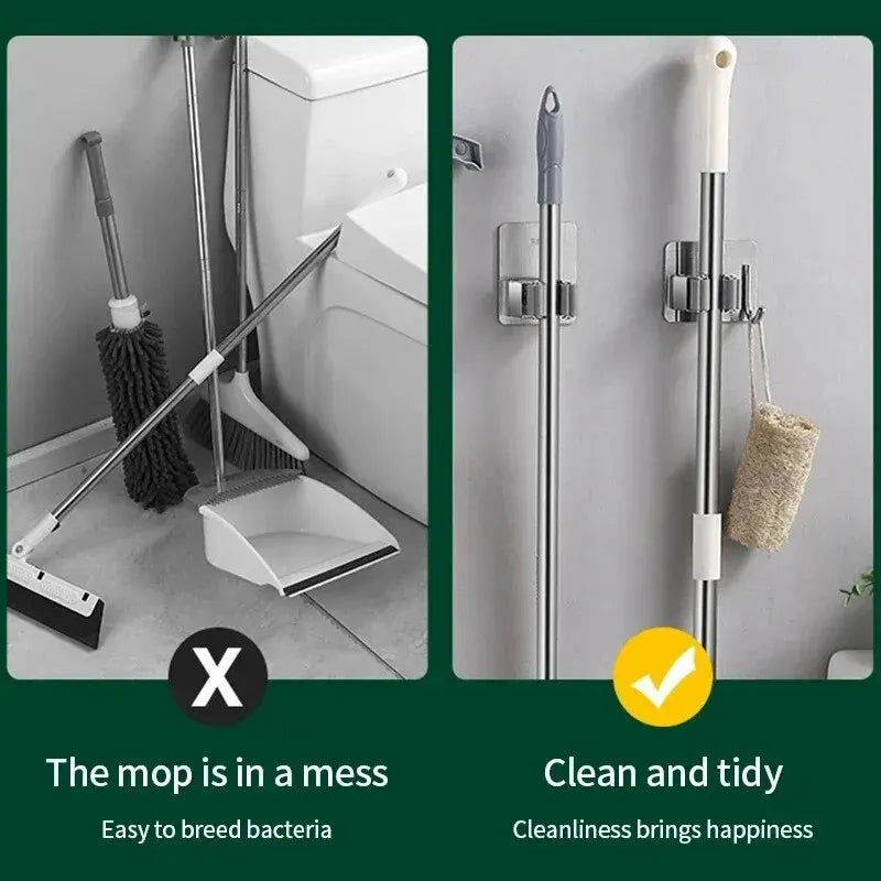 Adhesive Mop & Broom Holder - Stainless Steel Wall Mount Organizer