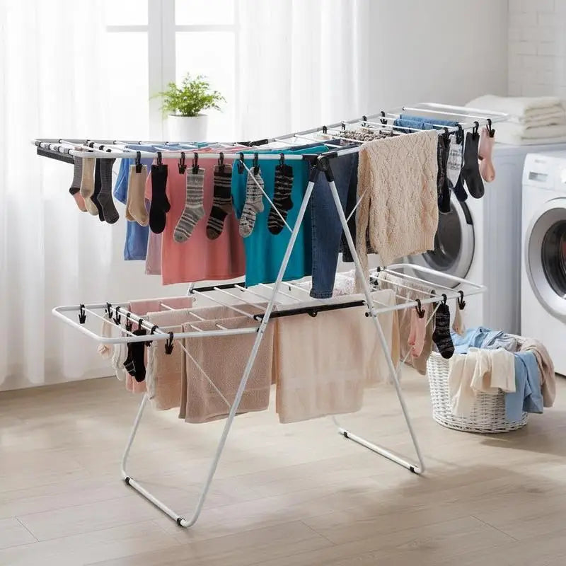 2-Tier Foldable Steel Clothes Drying Rack with Adjustable Gullwing