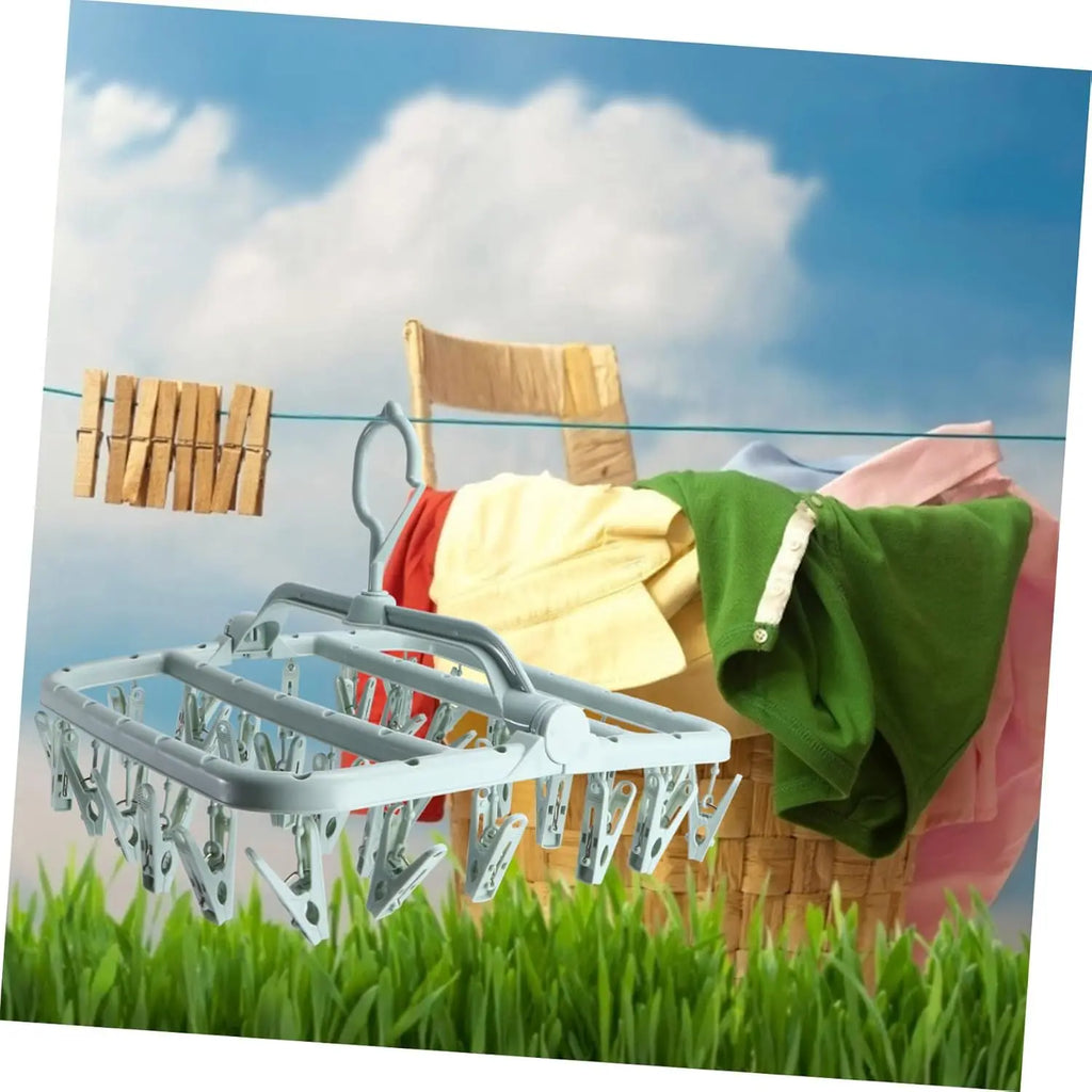Foldable Plastic Drying Rack with 32 Clips for Socks & Underwear